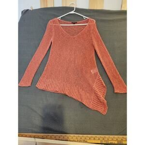 Eileen Fisher Sweater Womens S Linen Blend Open Weave Pink Asymmetric Long VNeck